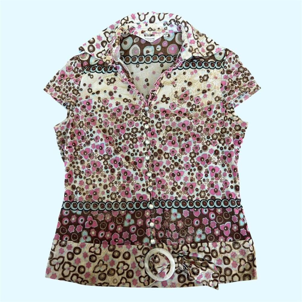 Y2k pink brown sparkly mesh floral button up blouse with belt